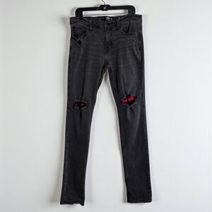Hollister Stacked Skinny Jeans Black Distressed Red Plaid Knees   34x36